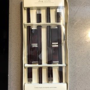 Chopsticks Set 4 Pair 4 Rests NWB Dark Wood metal